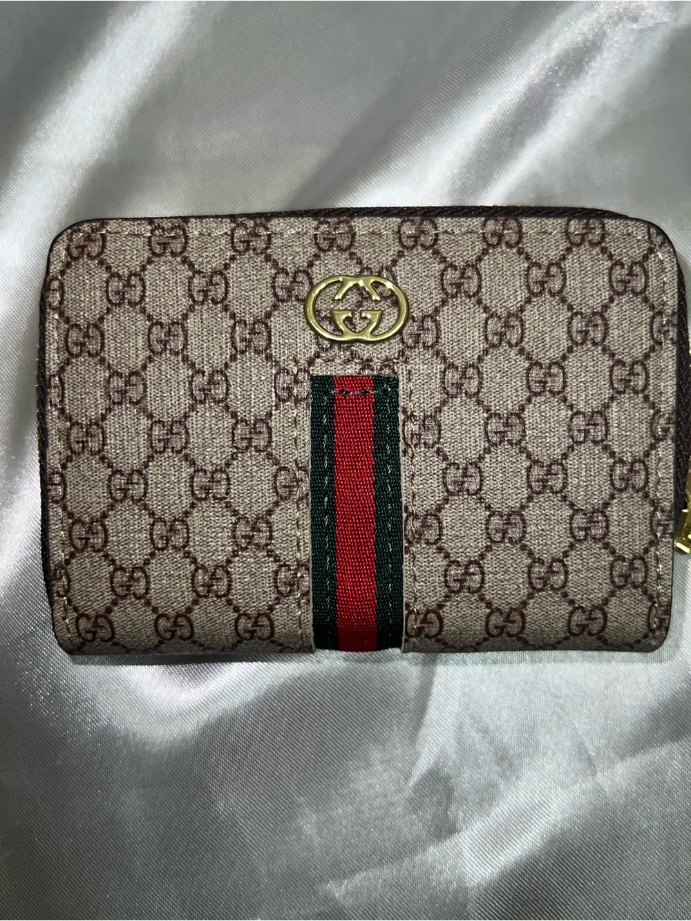 Inspired Beige GG Canvas Zip Wallet with Red & Green Web Stripe
